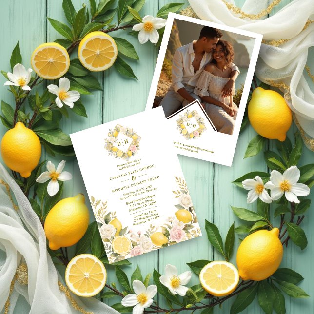 Invitation Mediterranean Flowers and Lemons Wedding Photo (Mediterranean Flowers and Lemons Wedding Initials Invitations Cards with Back Photo.)