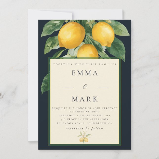 Invitation Mediterranean Lemon with QR Code | Navy Blue (Devant)