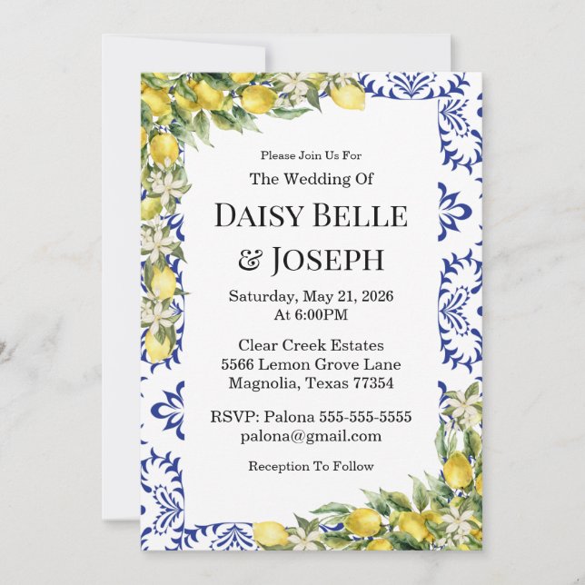 Invitation Mediterranean Lemons Blue Mosaic Tile Wedding (Devant)