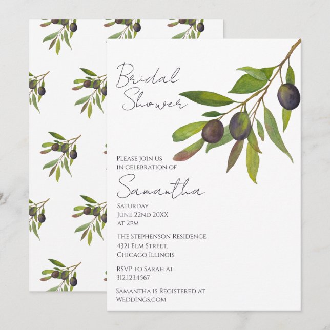 Invitation Mediterranean Minimal Olive Branch Bridal Shower   (Devant / Derrière)