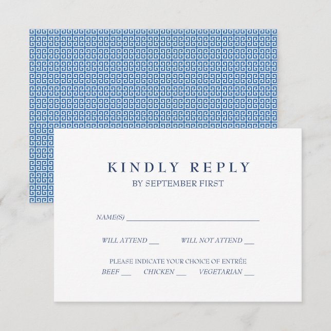 Invitation Méditerranée Bleu Clé Grecque Mariage RSVP Italiqu (Devant / Derrière)