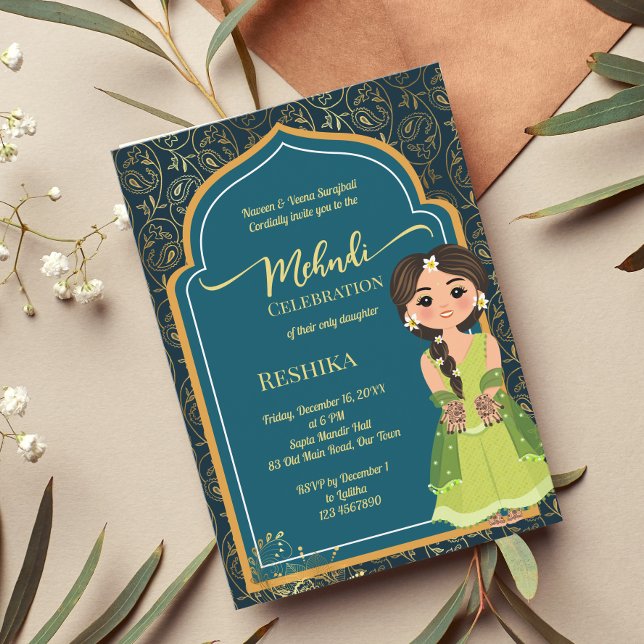 Invitation Mehndi indien paisley sarcelle vert mignon mariée  (Créateur téléchargé)