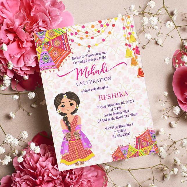 Invitation Mehndi jolie mariée indienne au henné parapluie ro (Créateur téléchargé)