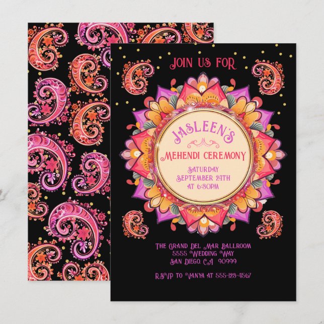 Invitation Mehndi Mandala Soirée Soirée Pink Gold (Devant / Derrière)