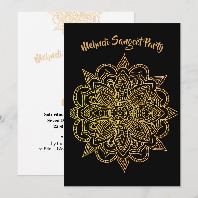 Invitation Mehndi Sangeet Black Gold Henna (Devant / Derrière)
