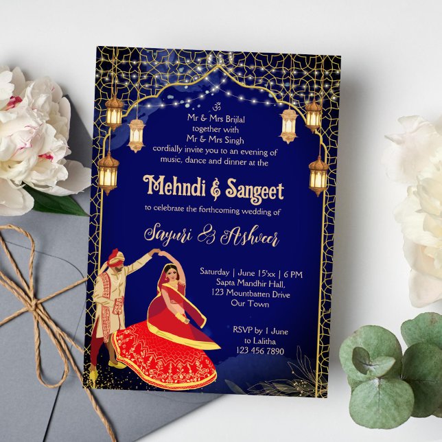 Invitation Mehndi Sangeet bleu marine couple de danse indienn (Mehendi and sangeet Indian wedding invitation template instant download navy blue dancing couple )