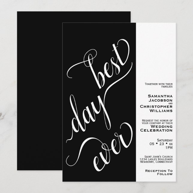 Invitation Meilleur Jour Jamais Minimal 2 Volets Mariage noir (Devant / Derrière)
