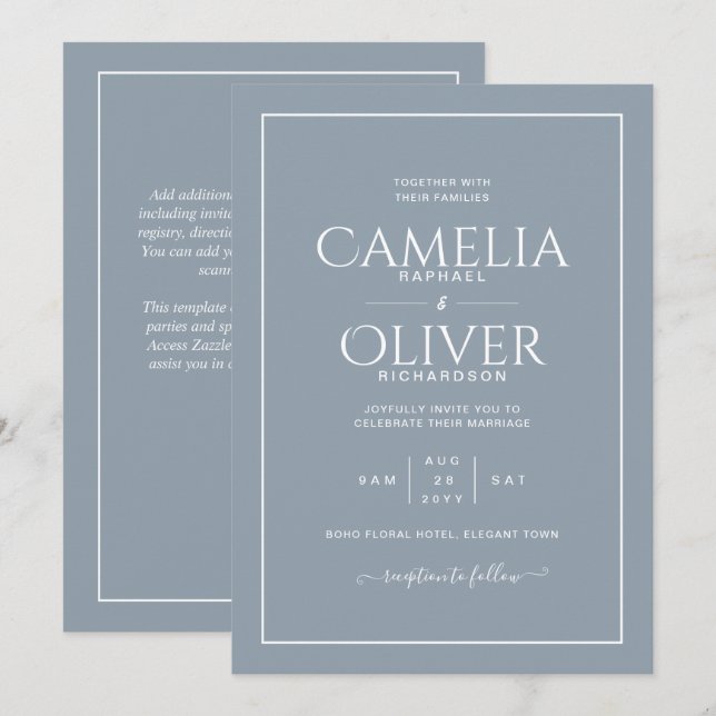 Invitation Meilleur Mariage de MONOCHROME bleu Dusty (Devant / Derrière)