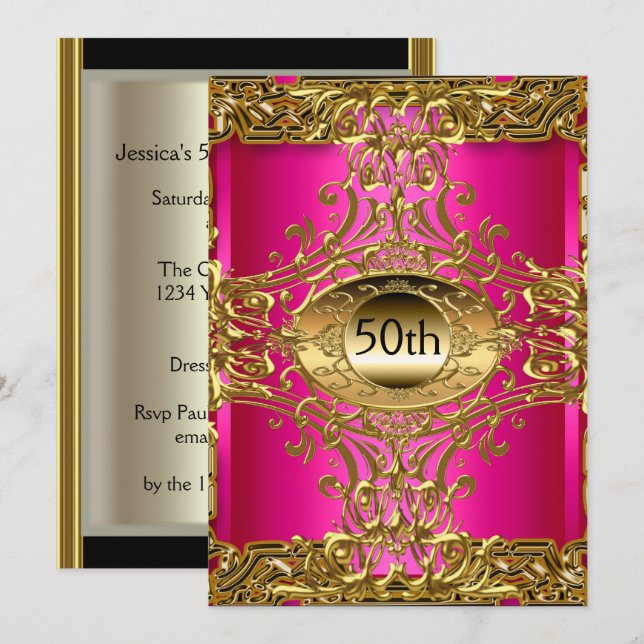 Invitation Meilleure 50ème Gold Hot rose fête d'anniversaire (Devant / Derrière)