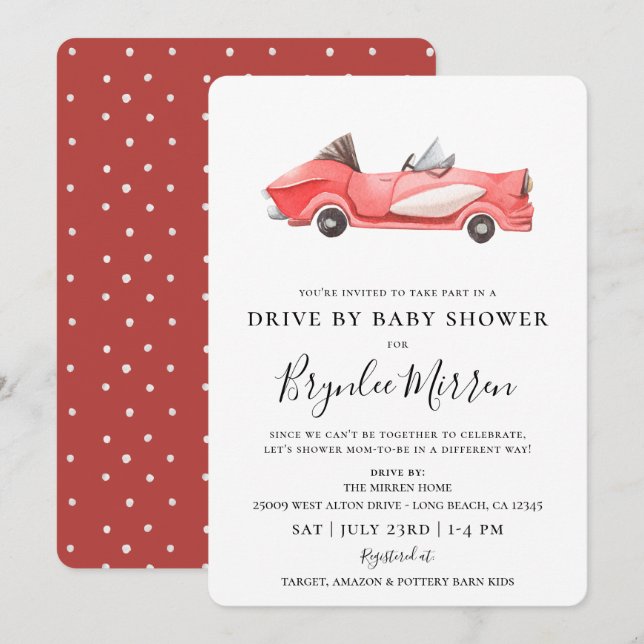 Invitation Meilleure Vintage Red Racecar Drive Par Baby showe (Devant / Derrière)