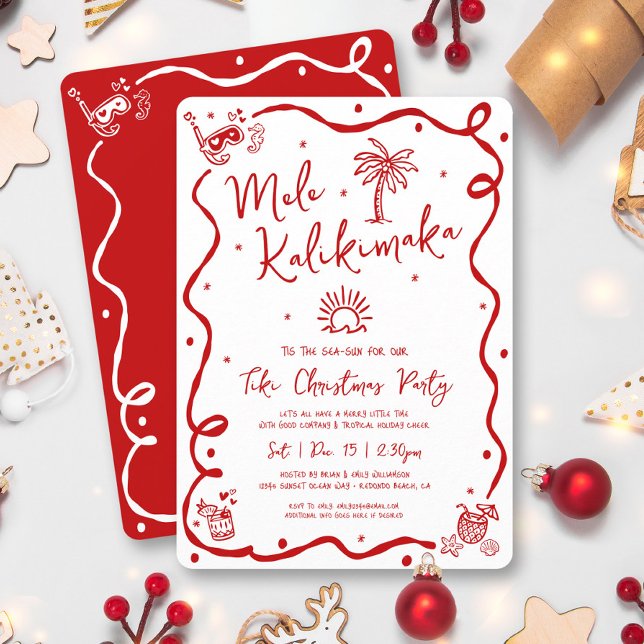Invitation Mele Kalikimaka Red Hand Drawn Doodles Christmas (Créateur téléchargé)