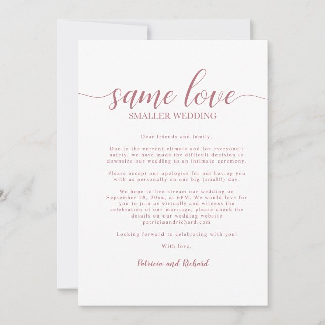 Invitation Même Amour Downsize Mariage Rose or (Devant)