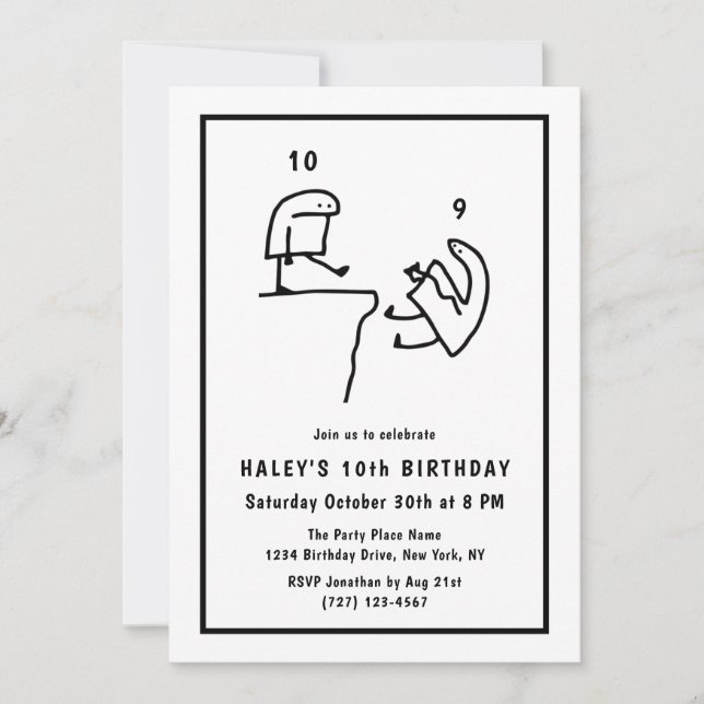 Invitation Mème amusant Humour simple Noir Blanc 10e annivers (Devant)