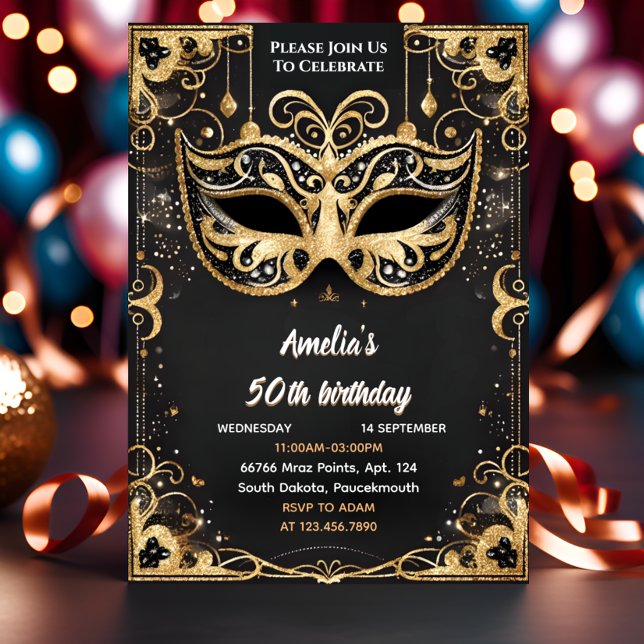 Invitation Même Tutu Black Gold Chic Masquerade 50e anniversa (Créateur téléchargé)