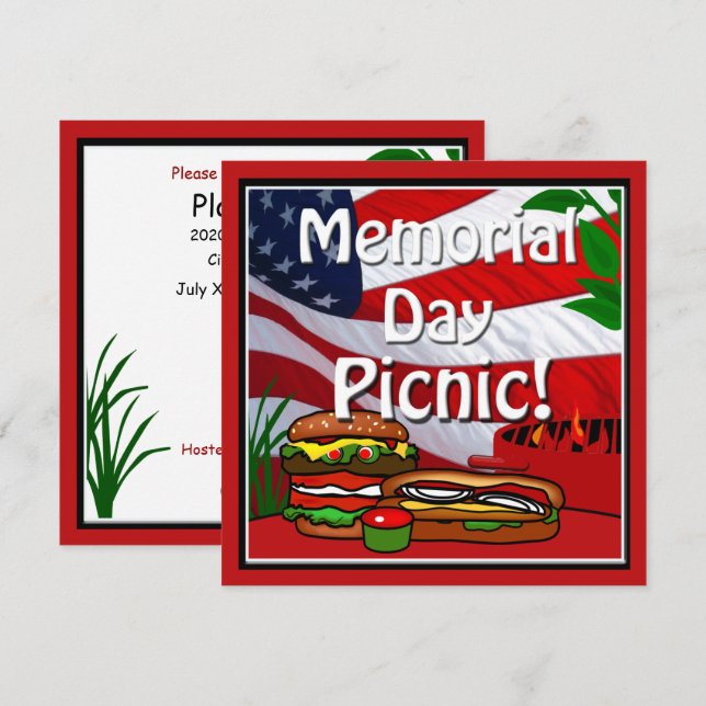 Invitation Memorial Day BBQ Grill Pique-nique Hamburger Hotdo (Devant / Derrière)
