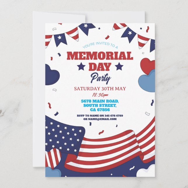 Invitation Memorial Day Party American Red White Blue Stars (Devant)
