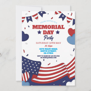 Invitation Memorial Day Party American Red White Blue Stars