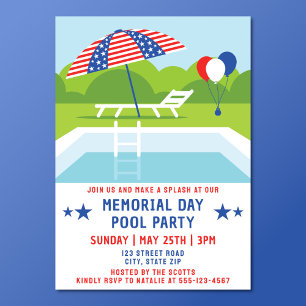 Invitation Memorial Day Pool Party Étoiles et rayures moderne