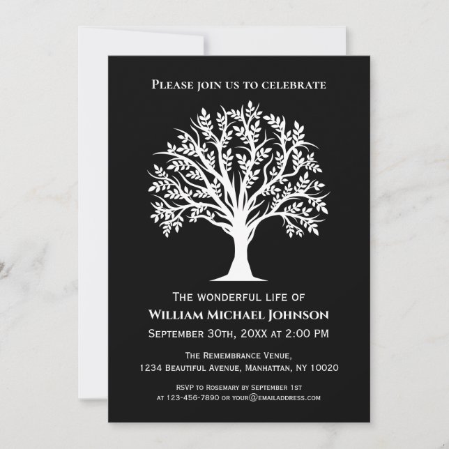 Invitation Mémorial funéraire de l'arbre de vie Noir et blanc (Devant)