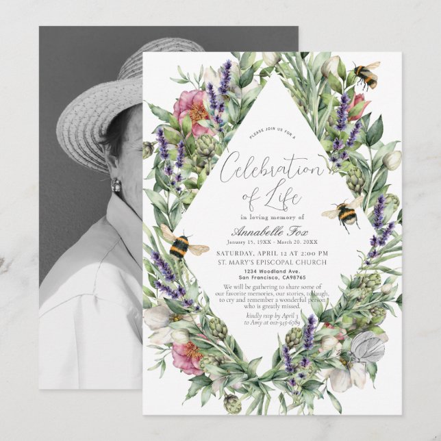 Invitation Mémorial funéraire des abeilles fleurs sauvages (Devant / Derrière)