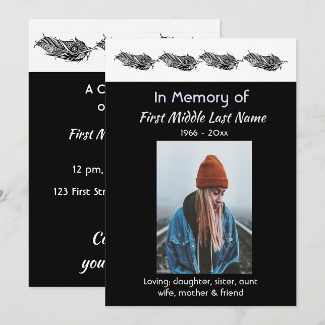 Invitation Memorial Photo Invite Graphic Art Feather Tribal (Devant / Derrière)