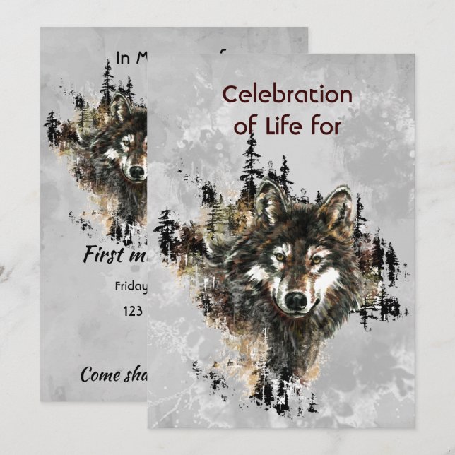 Invitation Memorial Service Invite Wolf Wolves Animal art (Devant / Derrière)