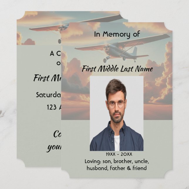 Invitation Memorial Service Pilot Airplane Flying Sunset (Devant / Derrière)