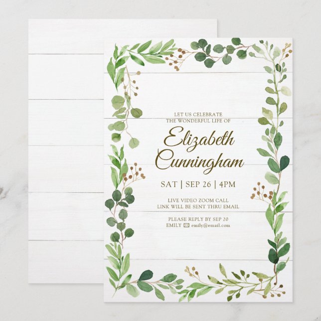 Invitation Mémorial virtuel du Foliage de verdure d'aquarelle (Devant / Derrière)