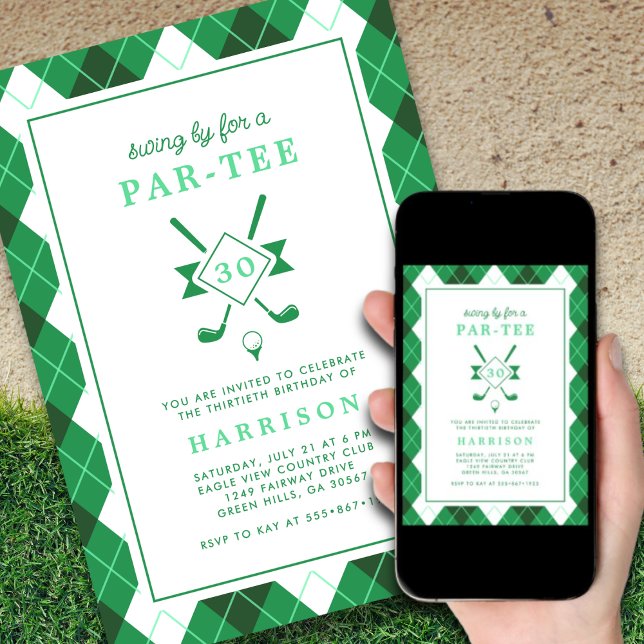 Invitation Mens 30e Anniversaire Golf Thème Preppy Green (Créateur téléchargé)