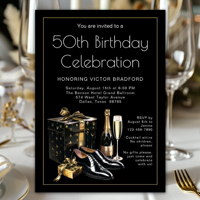 Invitation Mens Black Gold Upscale Anniversaire (Celebrate in style! Classy sophisticated black and gold any number birthday and event invitation. )