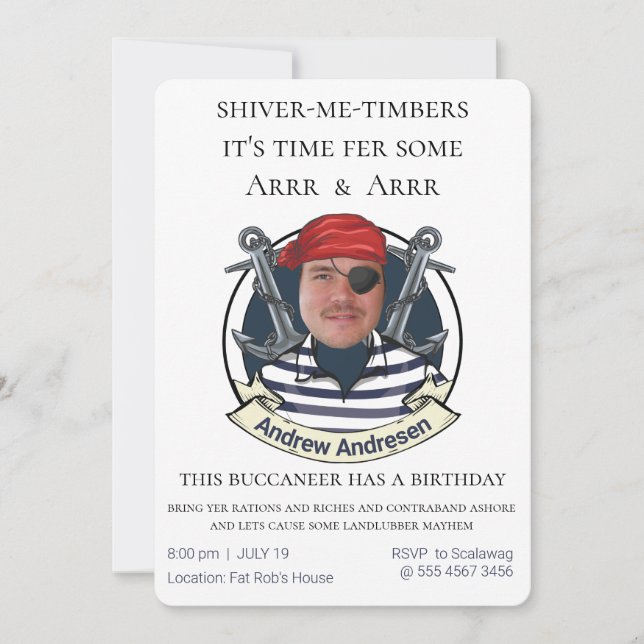 Invitation Mens Funny Pirate Anniversaire Ajouter votre visag (Devant)
