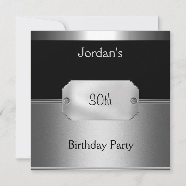 Invitation Mens Métal Noir Argent 30e fête d'anniversaire (Devant)