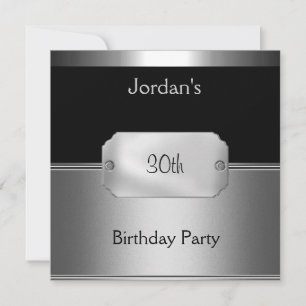 Invitation Mens Métal Noir Argent 30e fête d'anniversaire