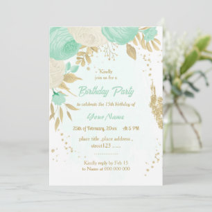 Invitation menthe vert blanc fleurs or fleurie d'anniversaire
