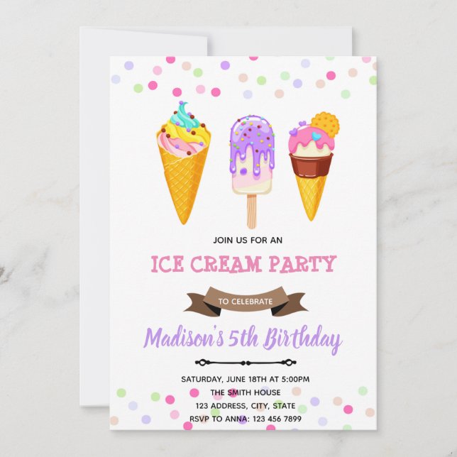 Invitation Mention d'anniversaire à la crème glacée mignonne (Devant)