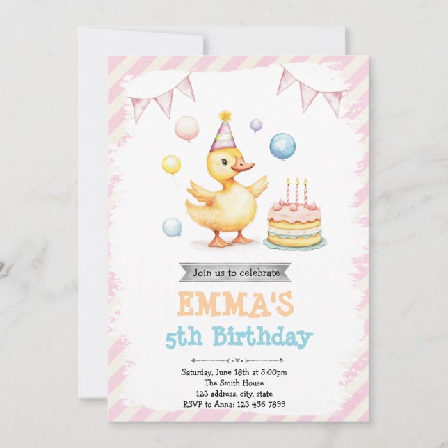 Invitation Mention d'anniversaire de canard mignon (Devant)