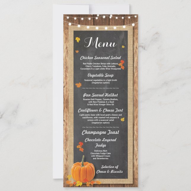 Invitation Menu Accueil Mariage Rustique Citrouille Chalk Car (Devant)
