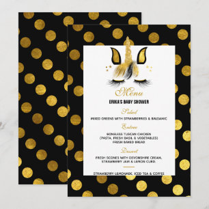 Invitation Menu Baby shower de la licorne or et noire