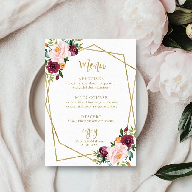 Invitation Menu Blush Burgundy Floral Gold Fête des mariées (Créateur téléchargé)