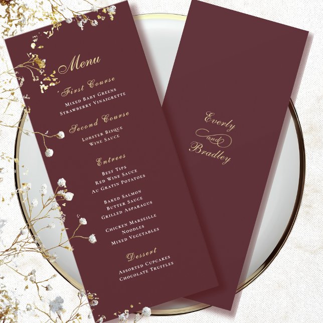 Invitation Menu Burgundy Red Background Script Or Blanc (Créateur téléchargé)