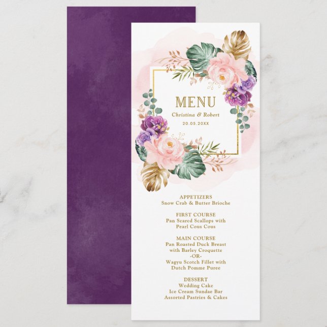 Invitation Menu classique Mariage floral flou violet Tropical (Devant / Derrière)