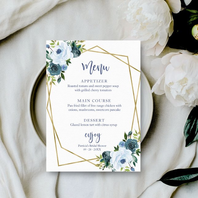 Invitation Menu de Fête des mariées d'aquarelle bleu-bleu Dus (Créateur téléchargé)