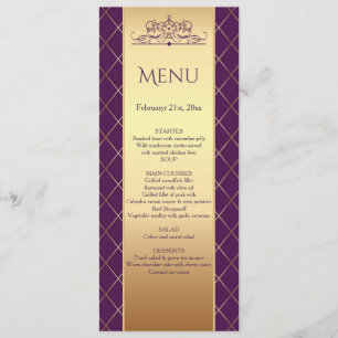 Invitation Menu de mariage avec motif diamant or sur fond vio