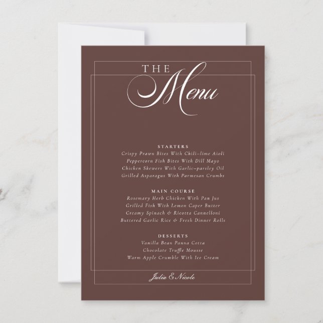 Invitation Menu de mariage classique Choco Brown Ivory Callig (Devant)