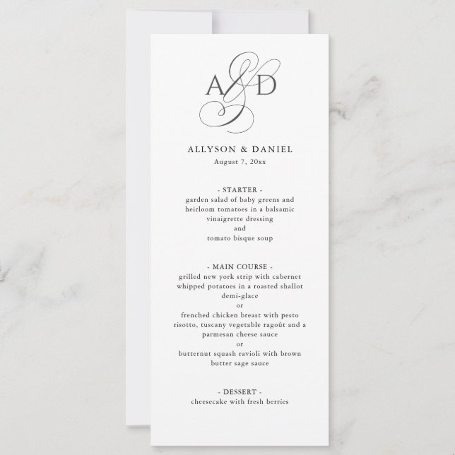 Invitation Menu de mariage classique monogramme écriture élég (Devant)