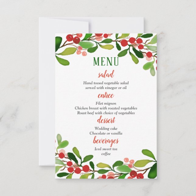 Invitation Menu de mariage de Noël aux baies de houx | Menu d (Devant)