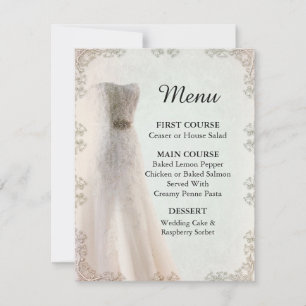 Invitation Menu de mariage élégant blanc, robe de mariée