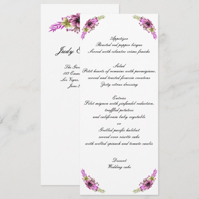 Invitation Menu de mariage floral aquarelle rose et vert (Devant / Derrière)