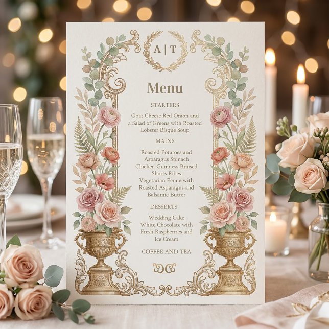 Invitation Menu de mariage floral rose élégant (Elegant Blush Floral Wedding menu #vintagefantasymagicalwhimsicaldreamy #elegantpaintedwater)