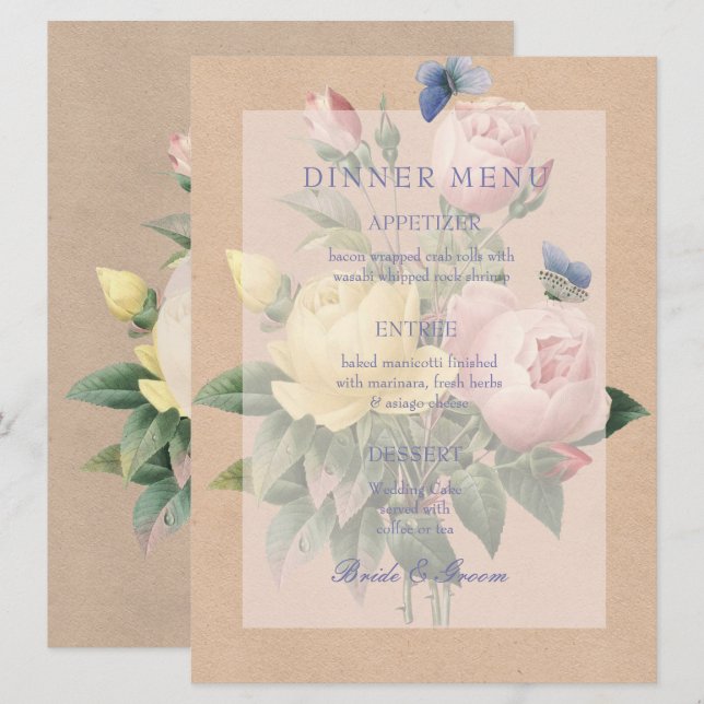 Invitation Menu de mariage Jardin de Roses Anglaise (Devant / Derrière)